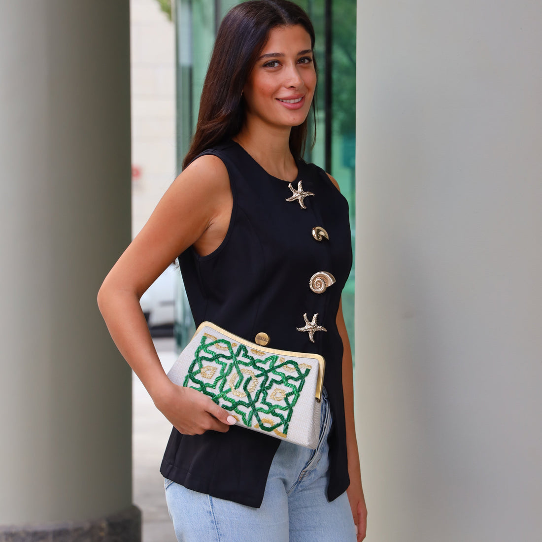 Arabesque Clutch in green — handcrafted beaded bag by Ghazal by Najwa
