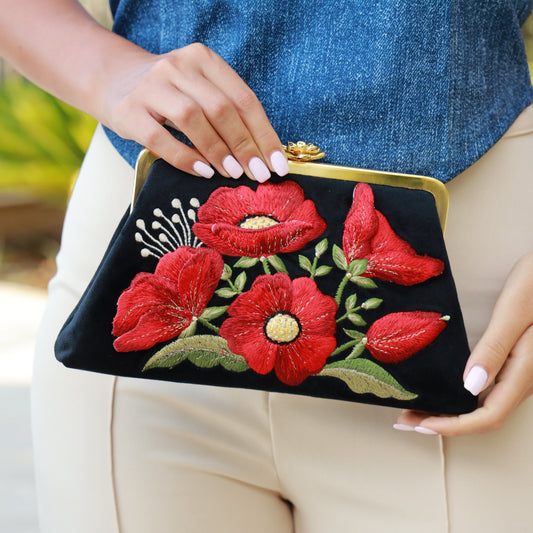 The Poppy Flower Clutch: Where 3D Embroidery Meets Wearable Art - The Poppy Flower Clutch: Where 3D Embroidery Meets Wearable Art journal image about Arabic calligraphy bags, luxury clutch gifts, and handmade bags Lebanon - Designer bags Lebanon, Women handmade clutch bag, personalized bags with name, Beirut clutch, Clutch Lebanon, Personalized bags Lebanon, Handmade clutch bags, Iraq clutch calligraphy, Palestine clutch