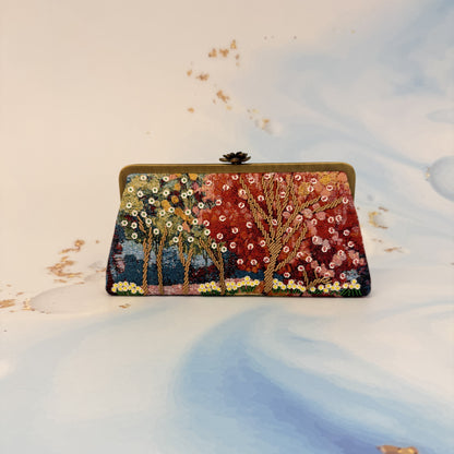 Forest Clutch – nature-inspired embroidered linen bag by Ghazal by Najwa - FOREST CLUTCH personalized clutch bag detail with handmade Lebanese beadwork - Designer bags Lebanon, Women handmade clutch bag, personalized bags with name, Beirut clutch, Clutch Lebanon, Personalized bags Lebanon, Handmade clutch bags, Iraq clutch calligraphy, Palestine clutch