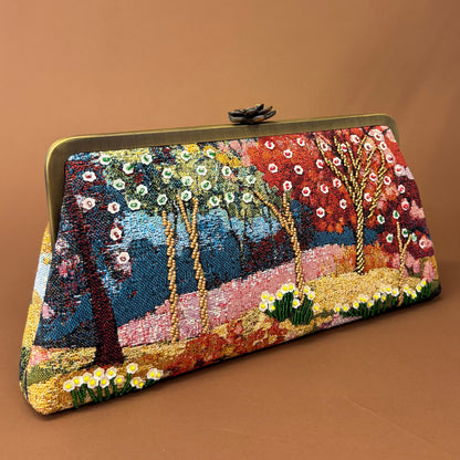 FOREST CLUTCH-handcrafted beaded bag by Ghazal by Najwa - FOREST CLUTCH personalized clutch bag detail with handmade Lebanese beadwork - Designer bags Lebanon, Women handmade clutch bag, personalized bags with name, Beirut clutch, Clutch Lebanon, Personalized bags Lebanon, Handmade clutch bags, Iraq clutch calligraphy, Palestine clutch