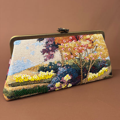 FOREST CLUTCH-handcrafted beaded bag by Ghazal by Najwa - FOREST CLUTCH personalized clutch bag detail with handmade Lebanese beadwork - Designer bags Lebanon, Women handmade clutch bag, personalized bags with name, Beirut clutch, Clutch Lebanon, Personalized bags Lebanon, Handmade clutch bags, Iraq clutch calligraphy, Palestine clutch