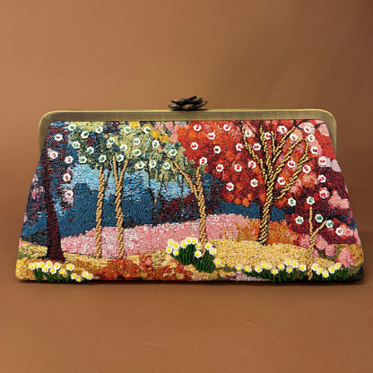 FOREST CLUTCH-handcrafted beaded bag by Ghazal by Najwa - FOREST CLUTCH personalized clutch bag detail with handmade Lebanese beadwork - Designer bags Lebanon, Women handmade clutch bag, personalized bags with name, Beirut clutch, Clutch Lebanon, Personalized bags Lebanon, Handmade clutch bags, Iraq clutch calligraphy, Palestine clutch