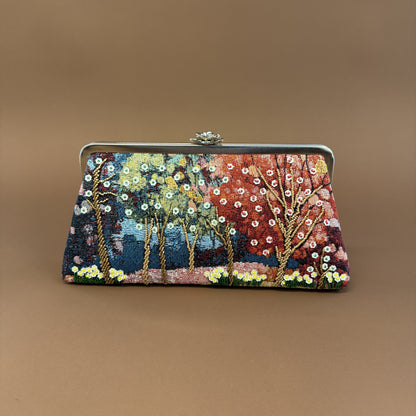 FOREST CLUTCH-handcrafted beaded bag by Ghazal by Najwa - FOREST CLUTCH personalized clutch bag detail with handmade Lebanese beadwork - Designer bags Lebanon, Women handmade clutch bag, personalized bags with name, Beirut clutch, Clutch Lebanon, Personalized bags Lebanon, Handmade clutch bags, Iraq clutch calligraphy, Palestine clutch