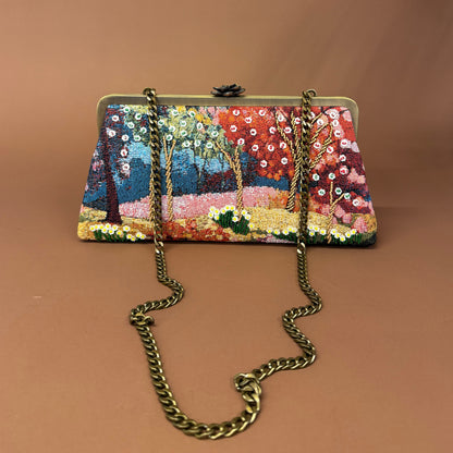 FOREST CLUTCH-handcrafted beaded bag by Ghazal by Najwa - FOREST CLUTCH personalized clutch bag detail with handmade Lebanese beadwork - Designer bags Lebanon, Women handmade clutch bag, personalized bags with name, Beirut clutch, Clutch Lebanon, Personalized bags Lebanon, Handmade clutch bags, Iraq clutch calligraphy, Palestine clutch