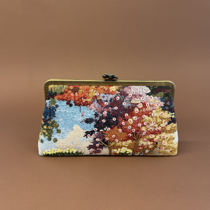 FOREST CLUTCH-handcrafted beaded bag by Ghazal by Najwa - FOREST CLUTCH personalized clutch bag detail with handmade Lebanese beadwork - Designer bags Lebanon, Women handmade clutch bag, personalized bags with name, Beirut clutch, Clutch Lebanon, Personalized bags Lebanon, Handmade clutch bags, Iraq clutch calligraphy, Palestine clutch