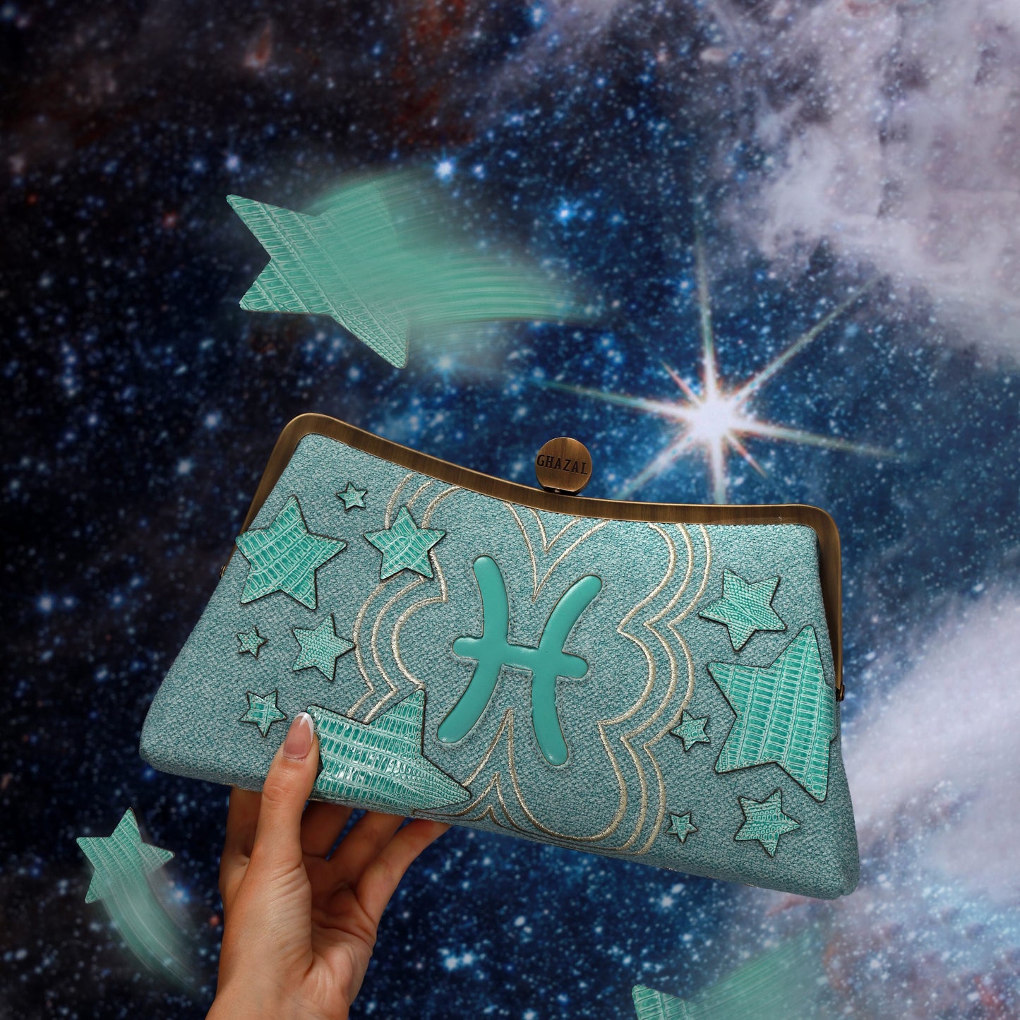 الحوت - الحالم - الحوت - الحالم custom embroidered bag and Middle Eastern luxury clutch by Ghazal by Najwa - Designer bags Lebanon, Women handmade clutch bag, personalized bags with name, Beirut clutch, Clutch Lebanon, Personalized bags Lebanon, Handmade clutch bags, Iraq clutch calligraphy, Palestine clutch