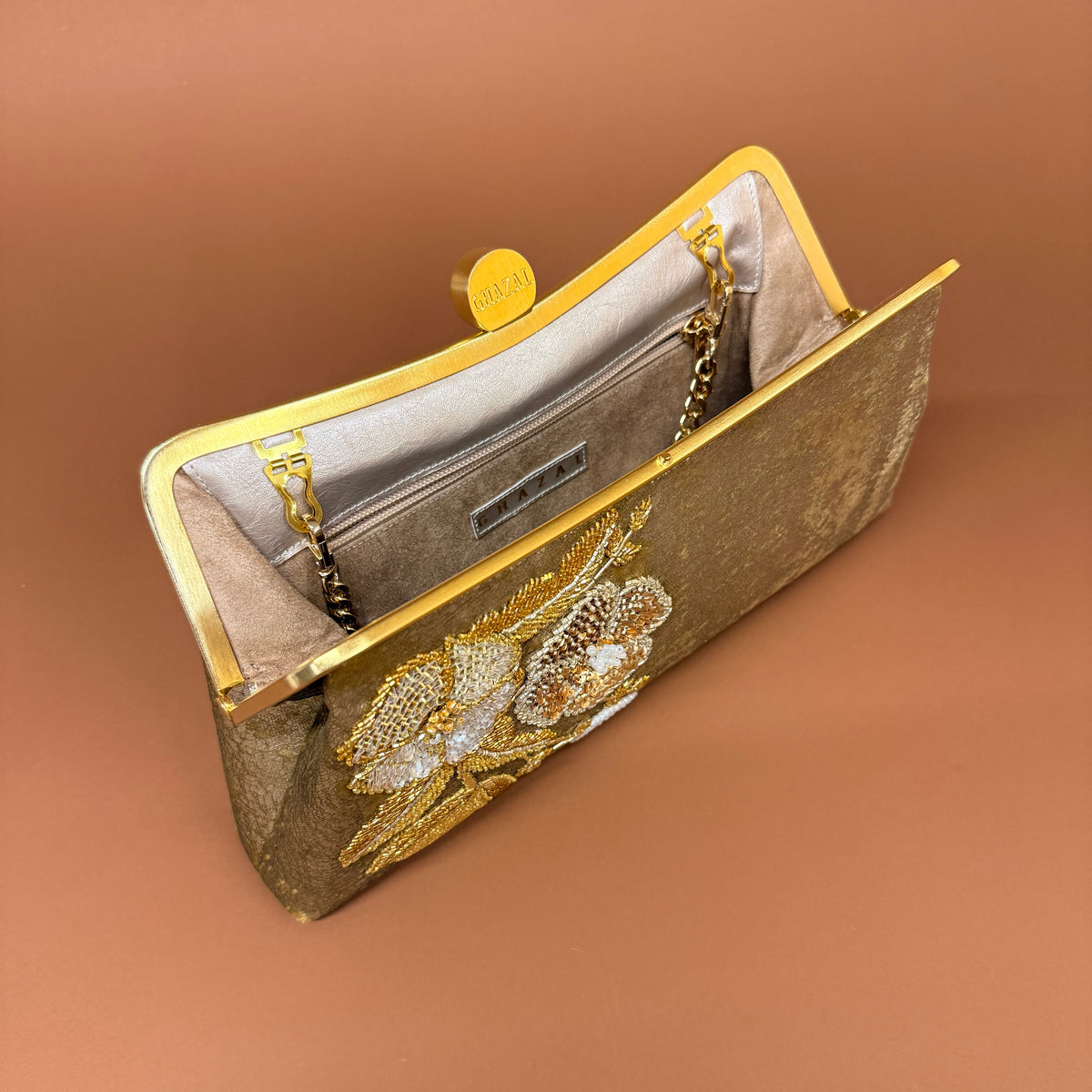 POPPY FLOWER SIDE - POPPY FLOWER SIDE custom embroidered bag and Middle Eastern luxury clutch by Ghazal by Najwa - Designer bags Lebanon, Women handmade clutch bag, personalized bags with name, Beirut clutch, Clutch Lebanon, Personalized bags Lebanon, Handmade clutch bags, Iraq clutch calligraphy, Palestine clutch