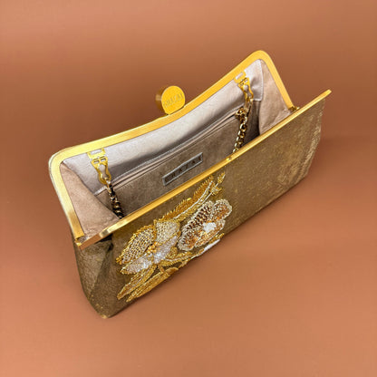 POPPY FLOWER SIDE - POPPY FLOWER SIDE personalized clutch bag detail with handmade Lebanese beadwork - Designer bags Lebanon, Women handmade clutch bag, personalized bags with name, Beirut clutch, Clutch Lebanon, Personalized bags Lebanon, Handmade clutch bags, Iraq clutch calligraphy, Palestine clutch